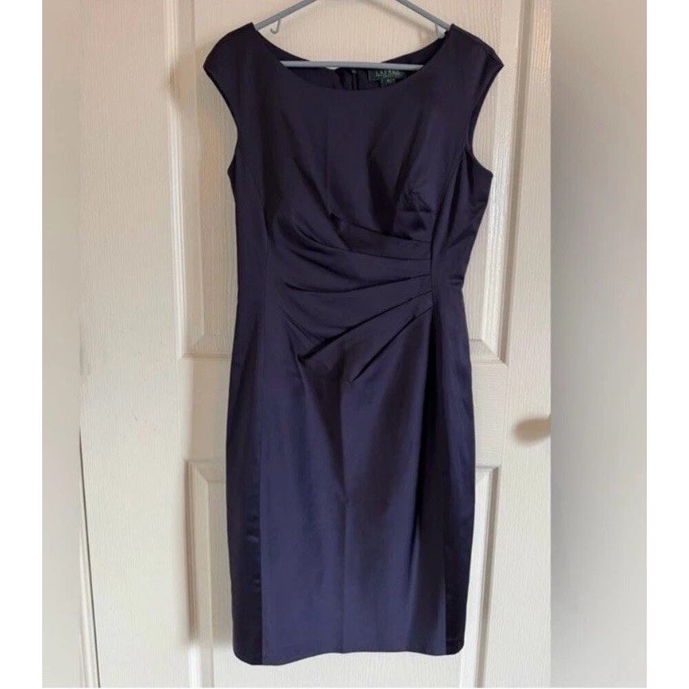 Lauren Ralph Lauren Navy Sheath Dress 💙 Classic Ruched Work Dress Size 10 - Picture 3 of 6